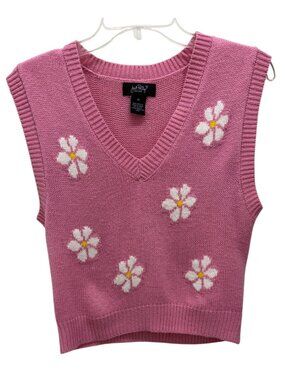 Just Poly New York Pink Daisy Knit Sweater Vest Crop Top Sleeveless M Y2K Retro